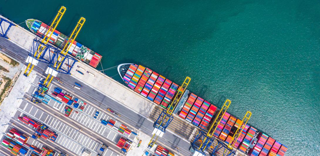 A port with ships and shipping containers