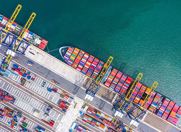 A port with ships and shipping containers